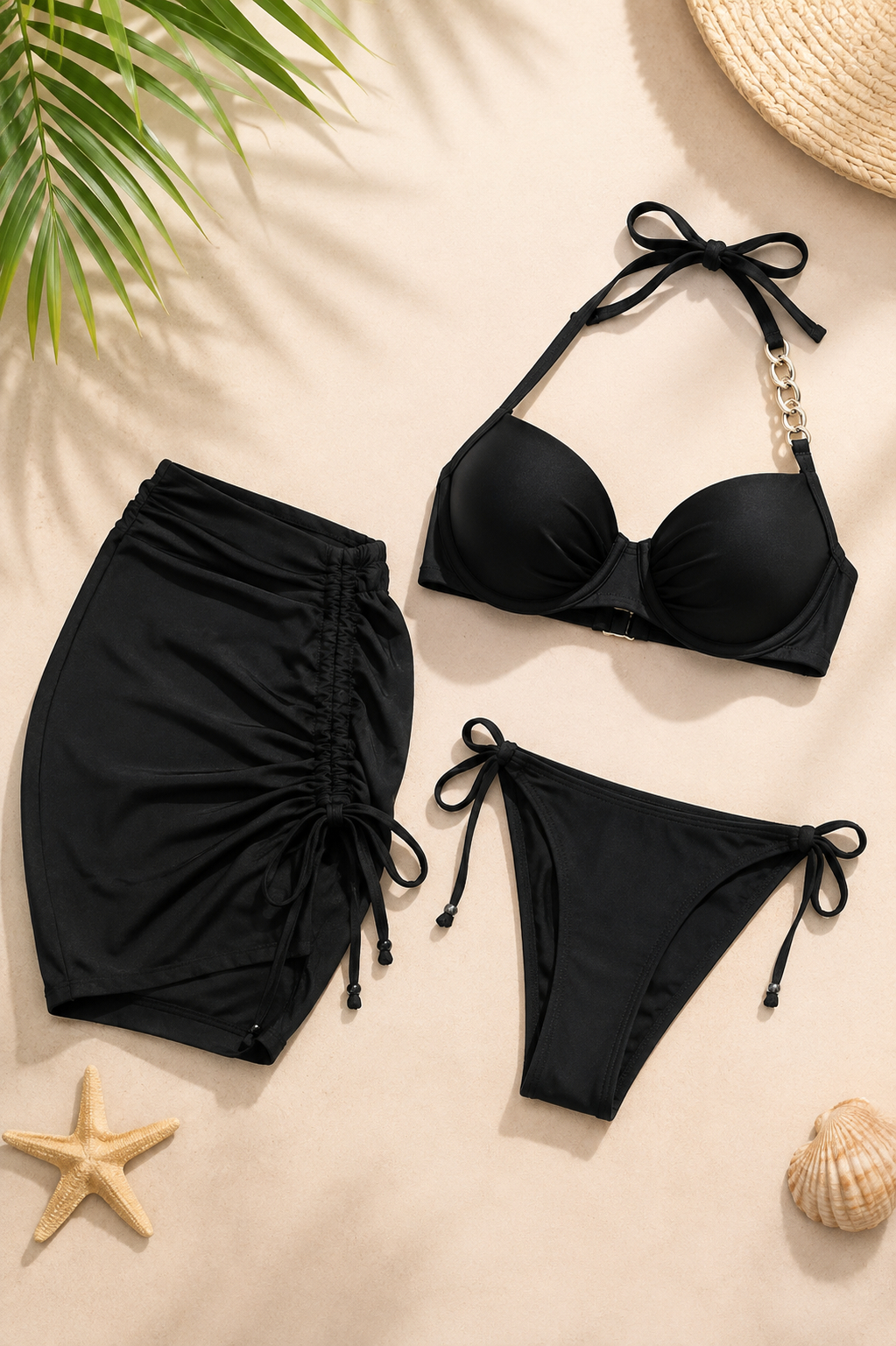 Women’s 3-Piece Bikini Set with Ruched Cover-Up Skirt